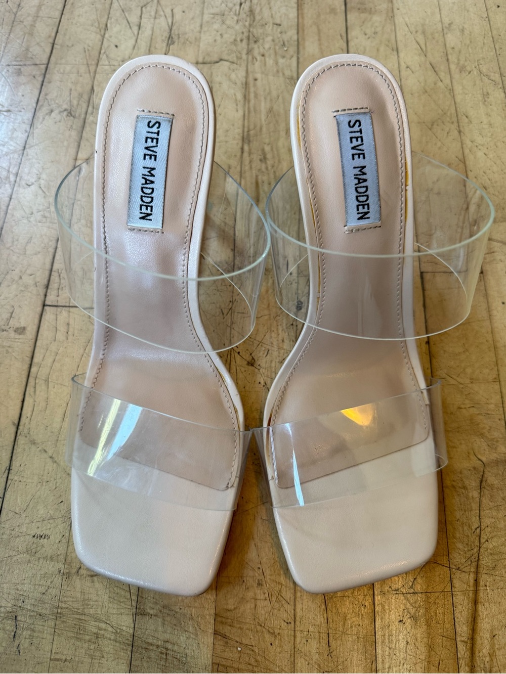 STEVE MADDEN Isa Clear Lucite Wedge Thick Strap Heel Sandals Open Toe Chic 9.5 - Picture 3 of 11